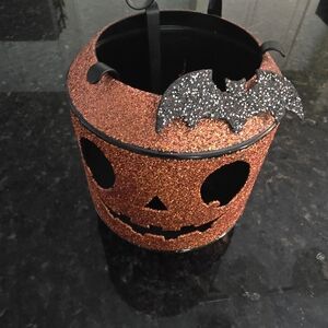 Glittery Orange Jack-O'-Lantern Small Candle Holder with Bat